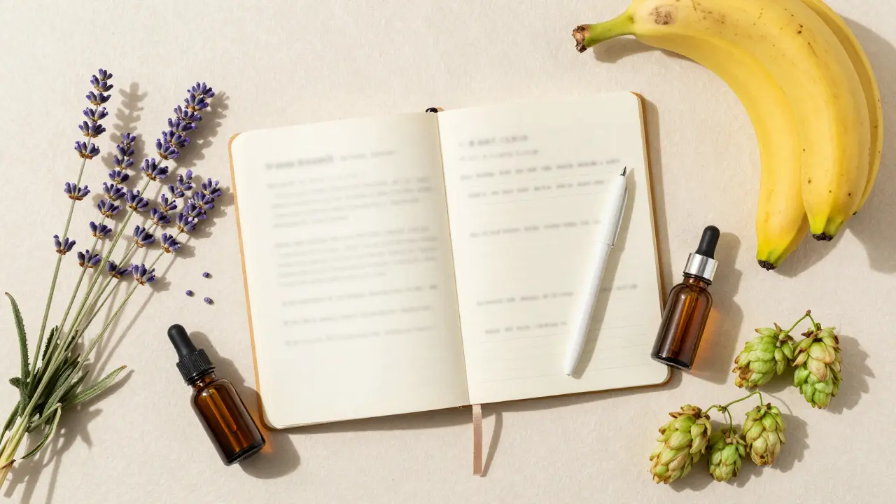 Lavendel, Bananen und Notizbuch zur Illustration von Terpenen und Dosierung
