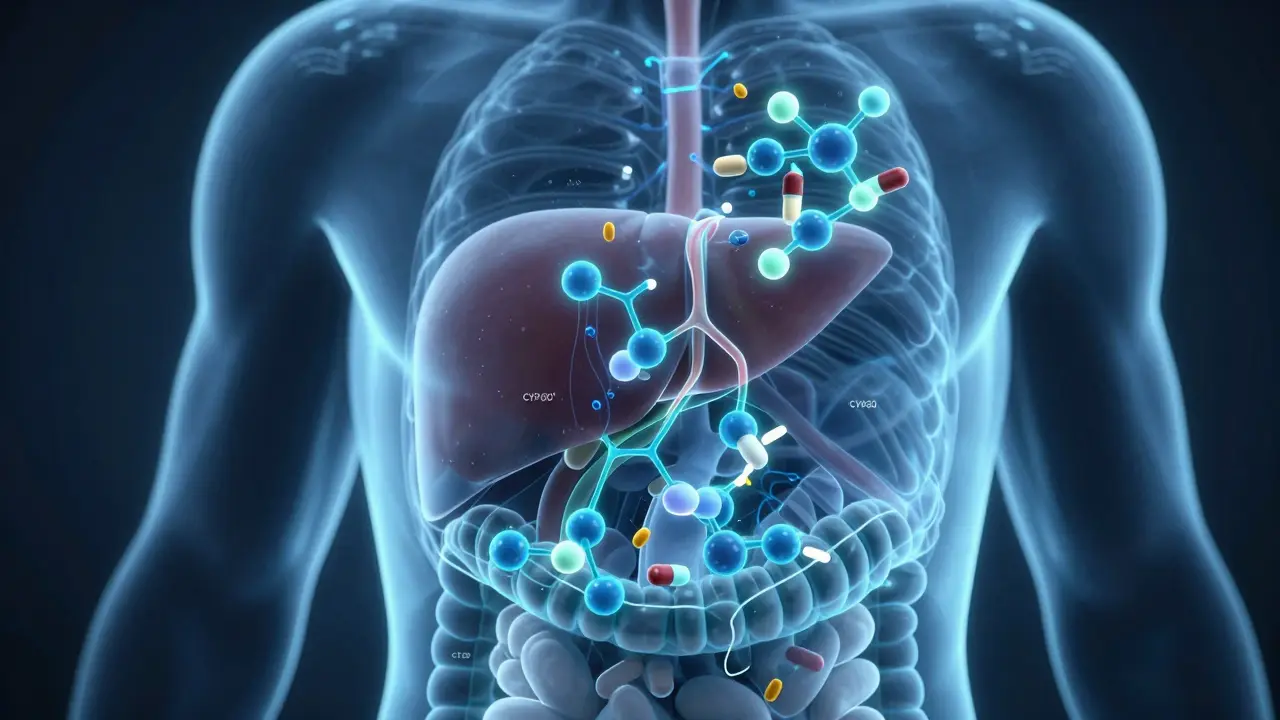 Medizinische Illustration der Leber mit CBD-Molekülen und Enzymwegen für Wechselwirkungen