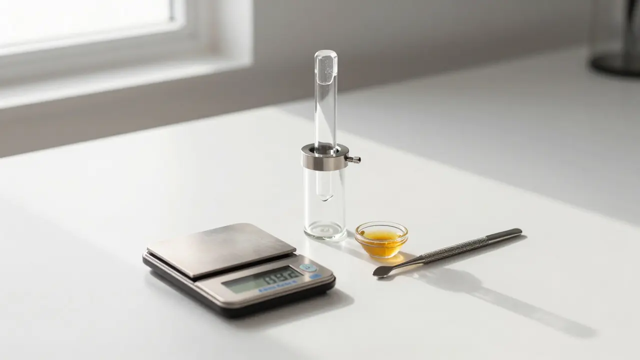 Moderne Dabbing-Ausrüstung mit Glasrig, Quarznail und Waage für präzise Dosierung