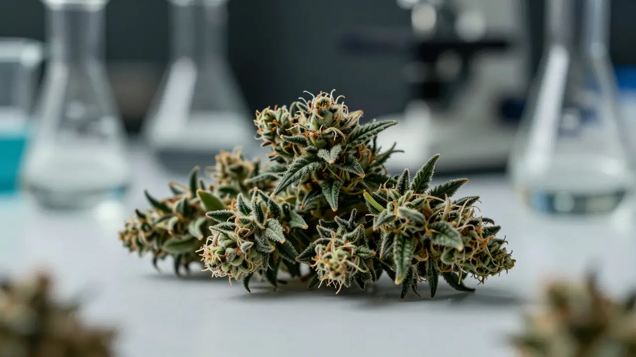 Nahaufnahme von Cannabisblüten im Laborumfeld zur Anreicherung