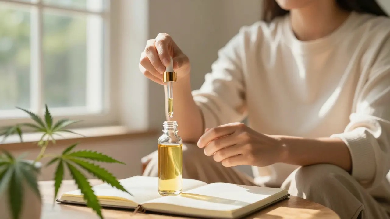 Ruhige Person mit einer Flasche CBD-Öl in einem sonnenbeschienenen Raum