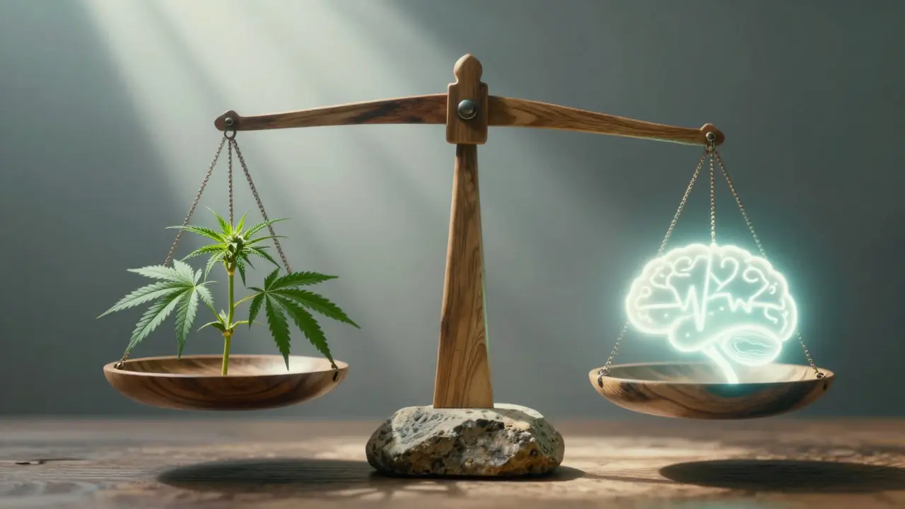 Symbolische Waage mit Hanfpflanzen und ruhigem Schlaf zur Darstellung der Balance