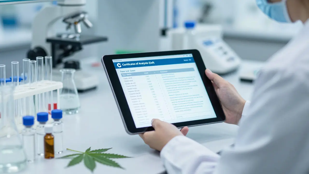 Wissenschaftler im Labor analysieren Cannabinoid-Daten auf einem Tablet