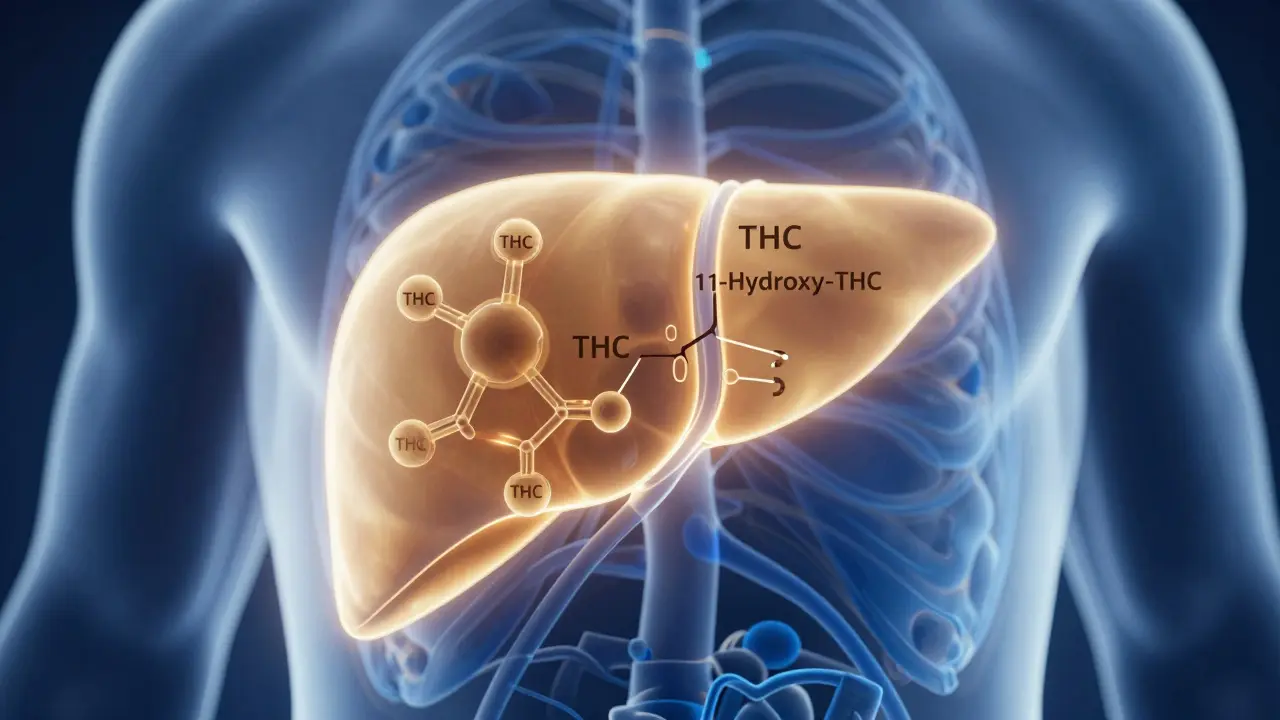 Abstrakte Illustration der Leberwandlung von THC im Körper