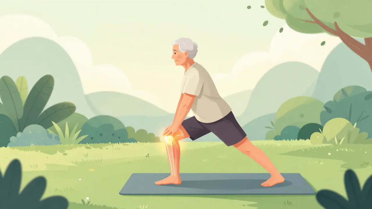Ältere Person beim Yoga im Garten zur Gelenkgesundheit