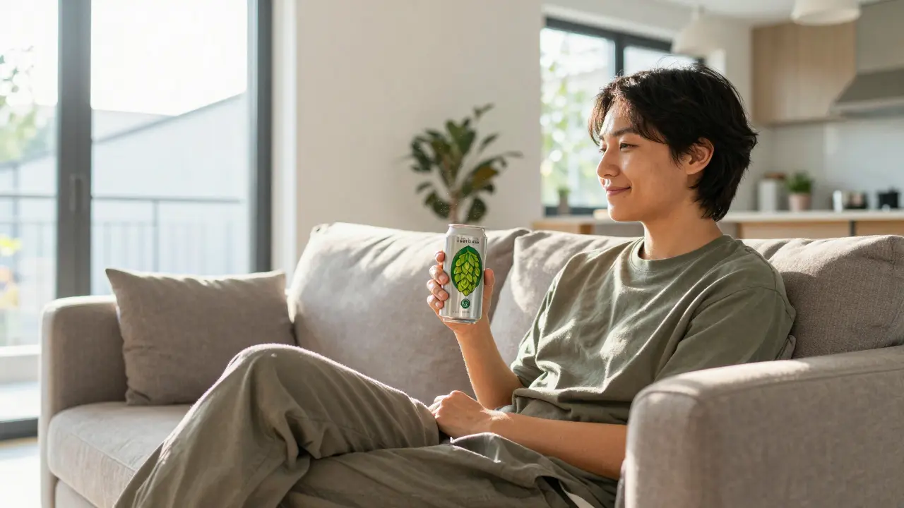 Entspannte Person genießt ein Hopfen-CBD-Bier in einem hellen Wohnzimmer
