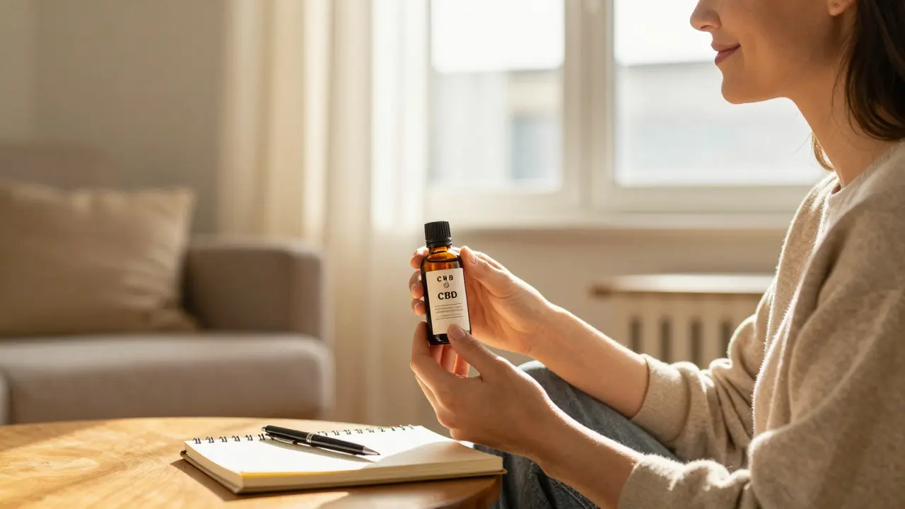 Entspannte Person hält eine Flasche CBD-Öl im sonnigen Wohnzimmer