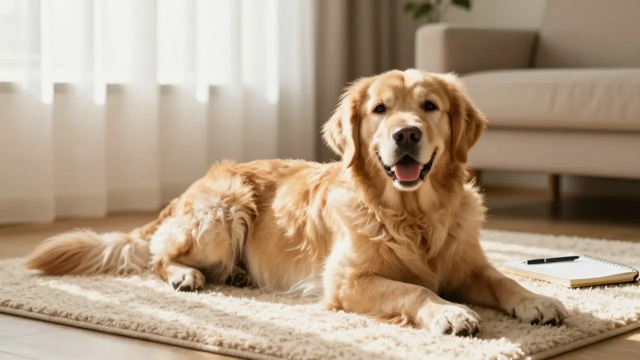 Entspannter Hund liegt im sonnigen Wohnzimmer