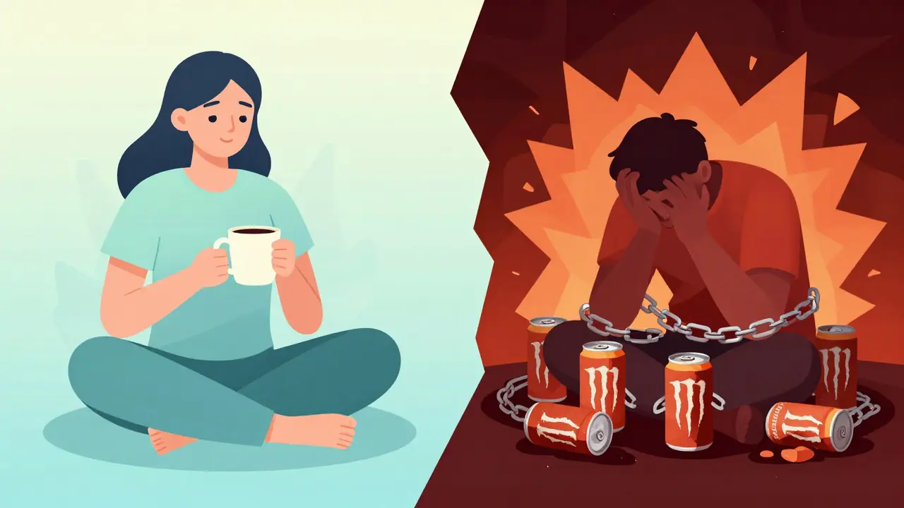 Illustration: Ruhige CBD-Gewohnheit vs. chaotische Koffeinabhängigkeit