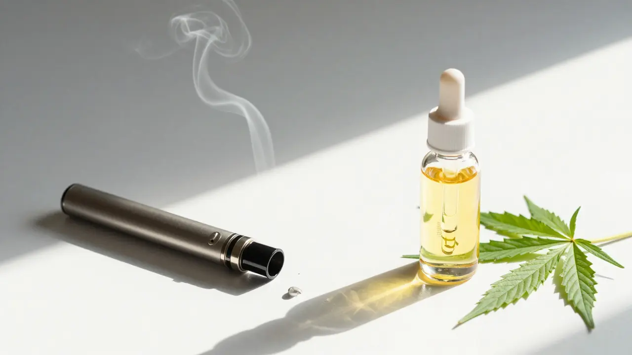 Kontrast zwischen gefährlichem Vaping und sicherem CBD-Öl unter Sonnenlicht