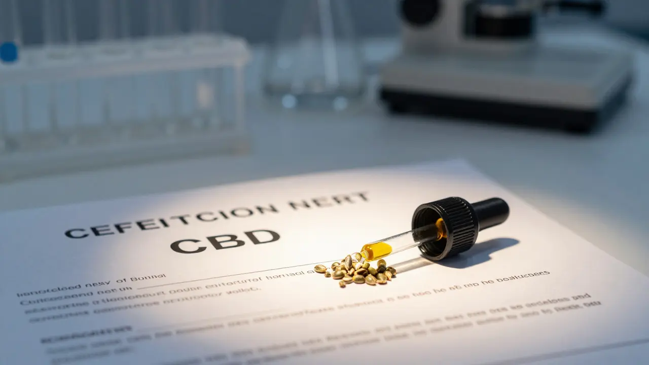 Laborzertifikat neben CBD-Tropfflasche und Hanfsamen für Qualität