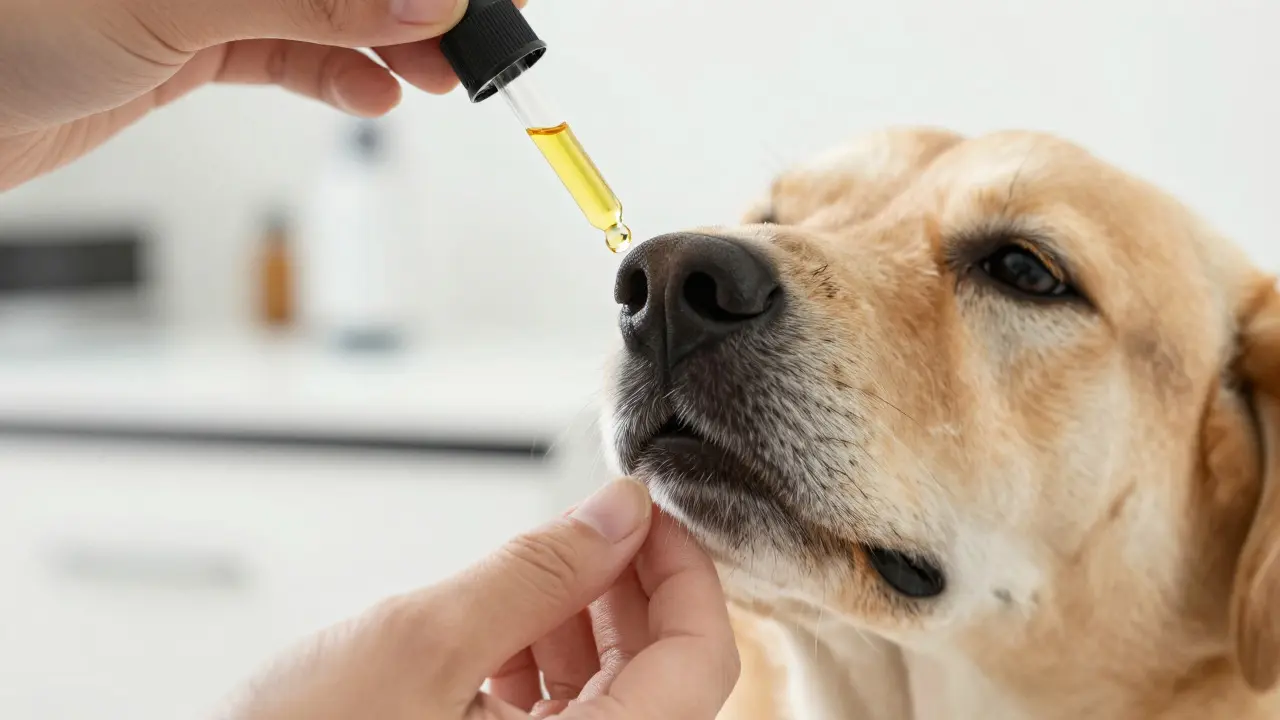 Nahaufnahme: CBD-Öl wird einem Hund sublingual verabreicht