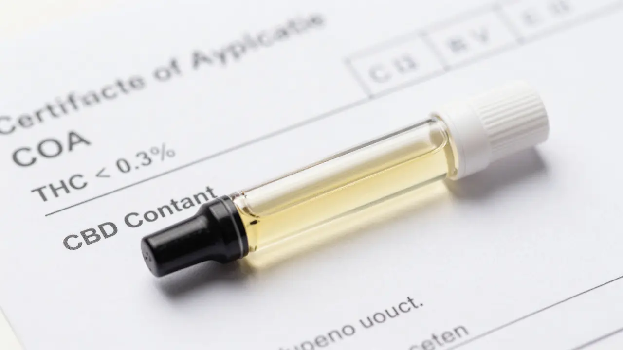 Nahaufnahme einer CBD-Kartusche neben einem Analyse-Zertifikat (COA)