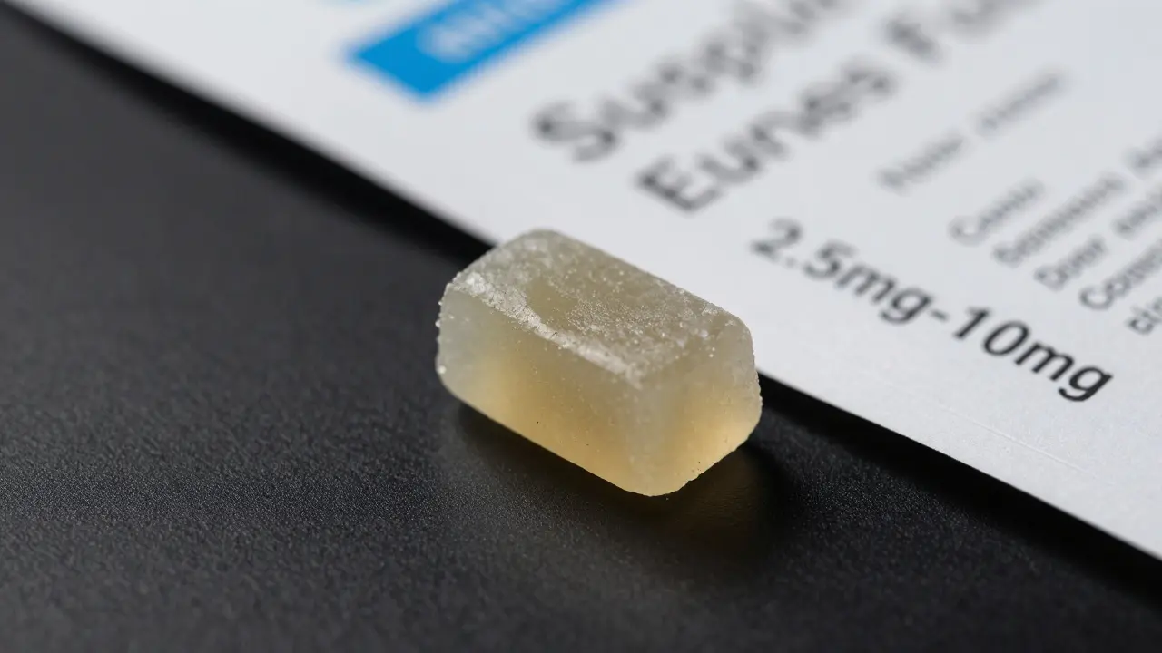 Nahaufnahme eines hochwertigen, zuckerfreien Cannabis-Kaugummis auf schwarzem Untergrund