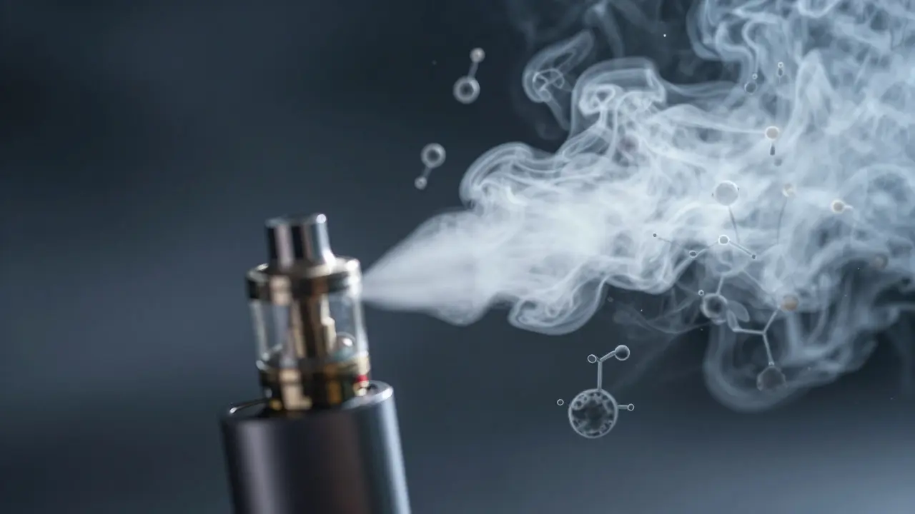 Nahaufnahme eines Vape-Geräts mit giftigem Dampf und chemischen Symbolen