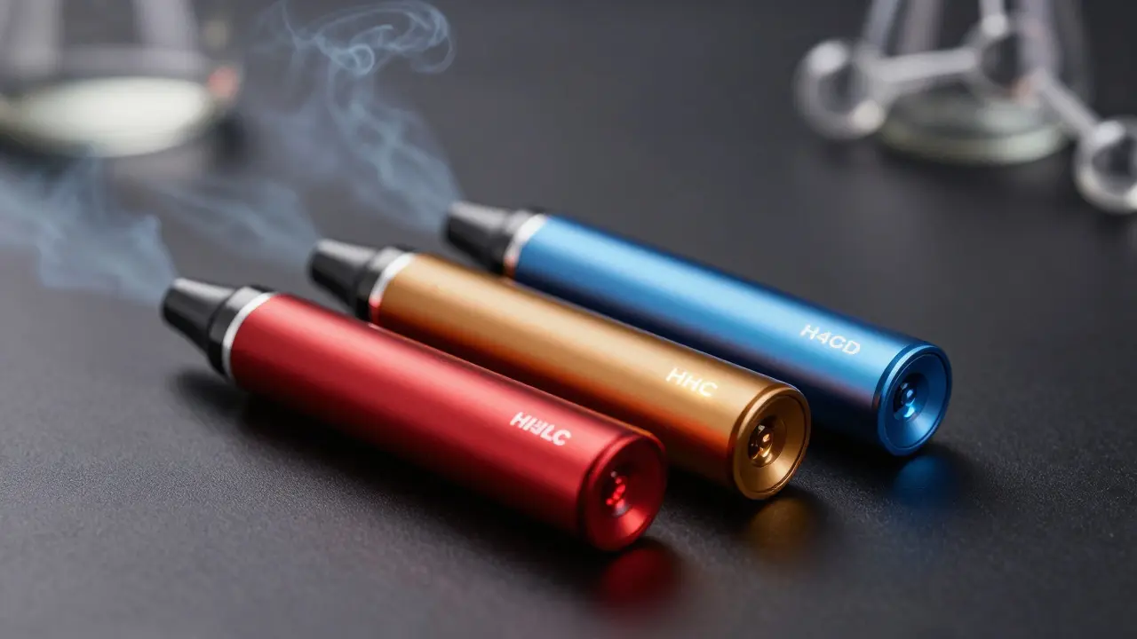 Nahaufnahme von drei Vape-Pens mit unterschiedlichen Lichtfarben für verschiedene Cannabinoide