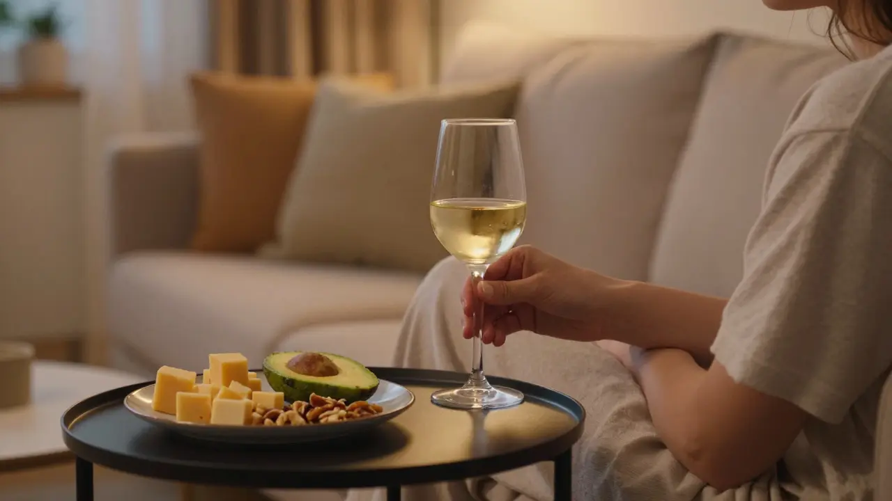 Person entspannt mit halbem Glas Wein und fetthaltigen Snacks