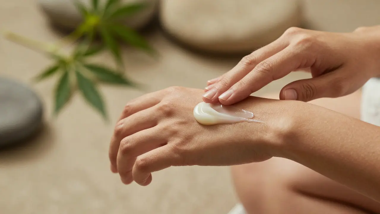 Person trägt eine pflegende CBD-Creme auf die Haut im Wellness-Stil auf