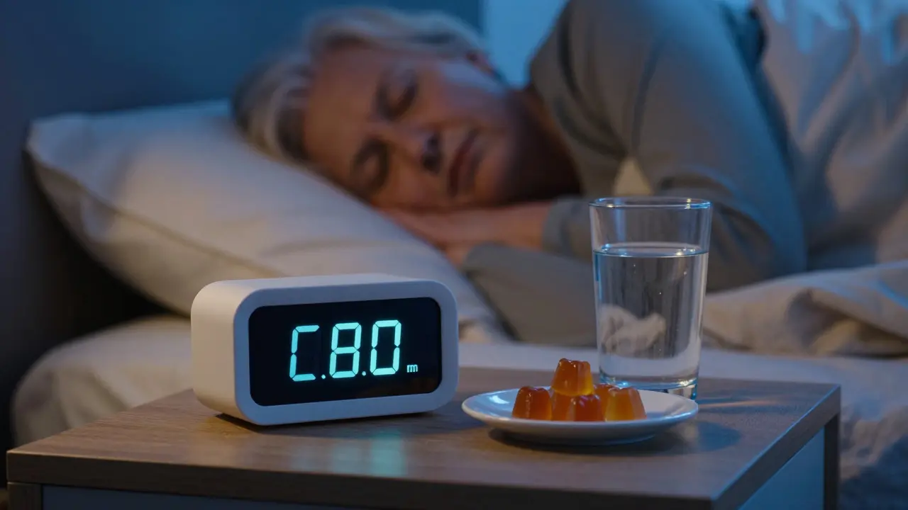 Ruhige Nachtszene mit schlafender Person und CBD-Gummibärchen