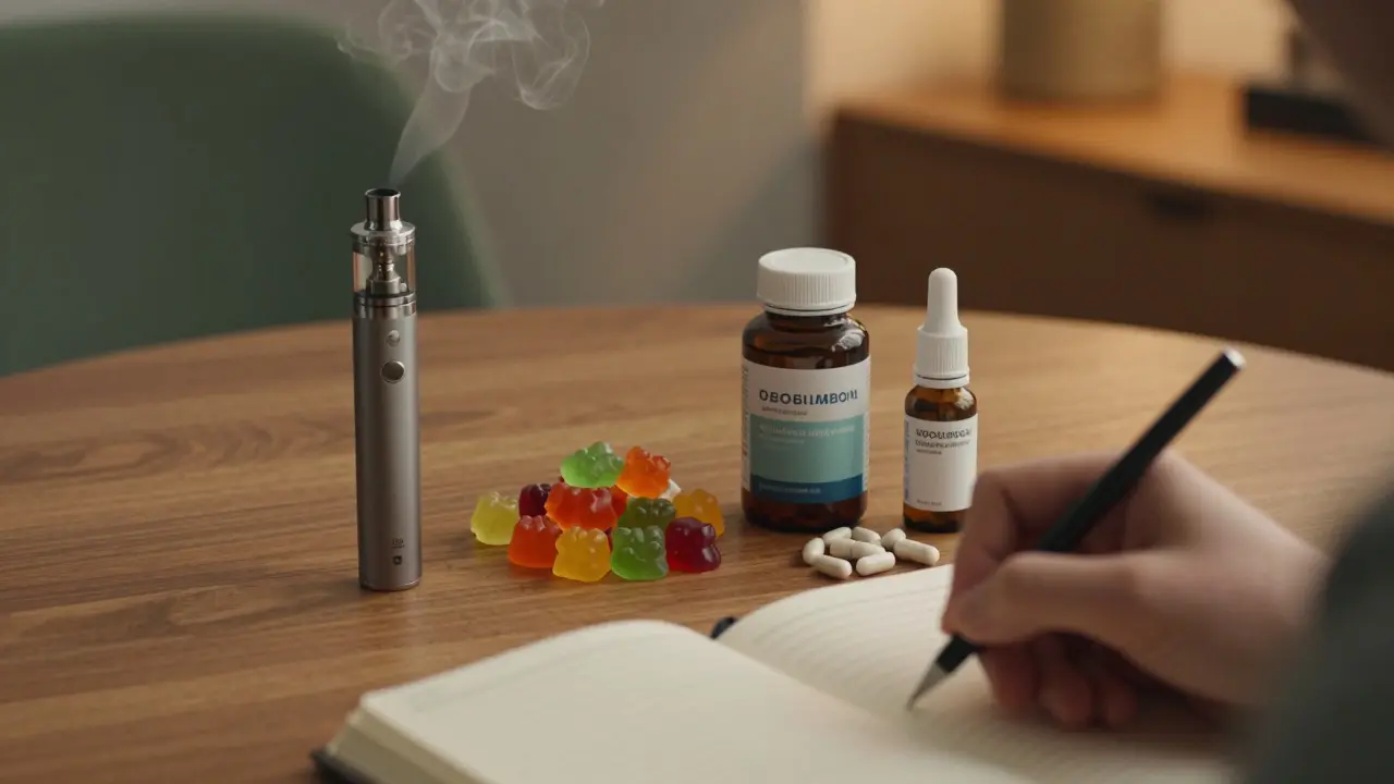 Vape, Gummis und Spray zur Darstellung der Einnahmeformen