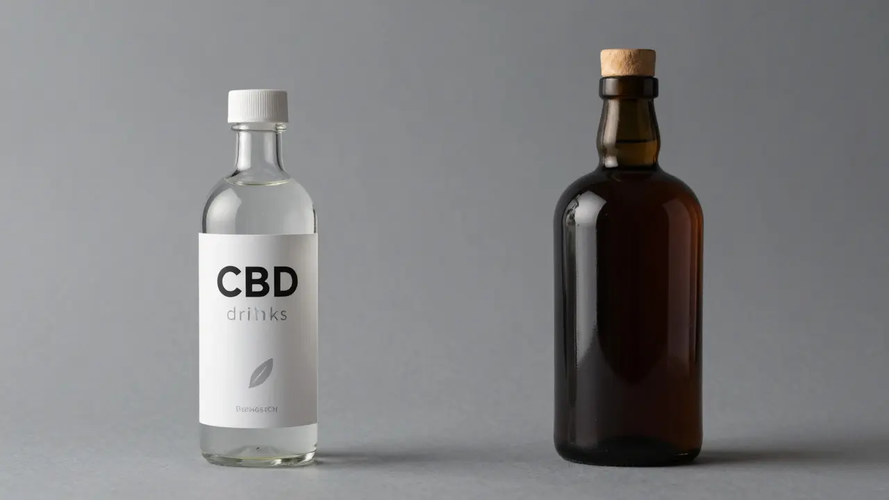 Vergleich von alkoholfreiem CBD-Getränk und alkoholischer Tinktur im Studio-Licht