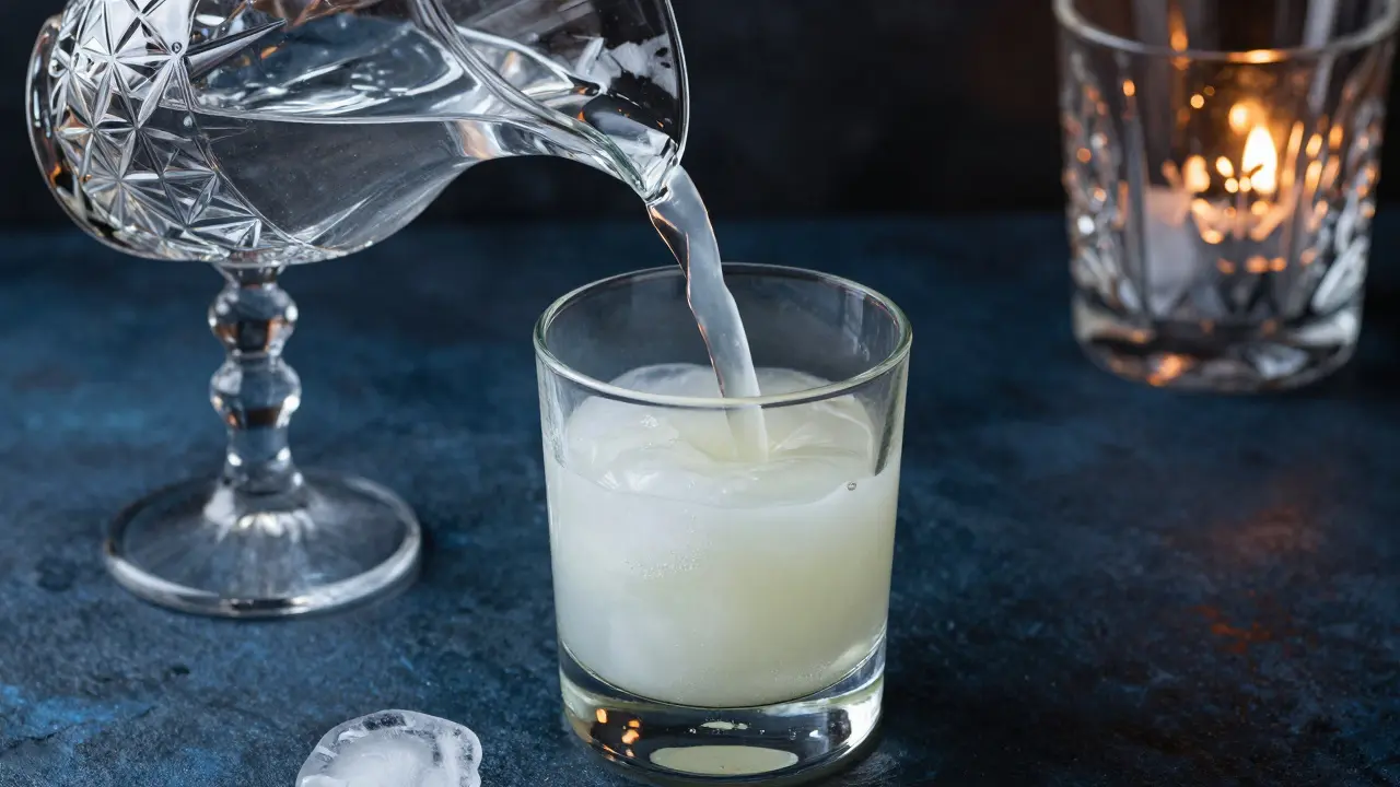 Wasser wird zu Absinth gegossen, wodurch sich die Flüssigkeit trübt