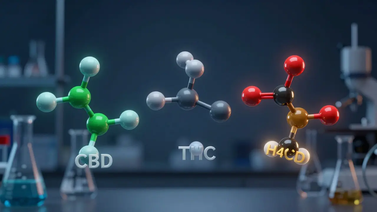Wissenschaftliche Visualisierung der molekularen Struktur von H4CBD im Vergleich zu CBD und THC