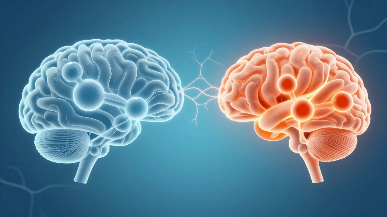Abstract illustration contrasting CBD and THC molecular interactions in the brain