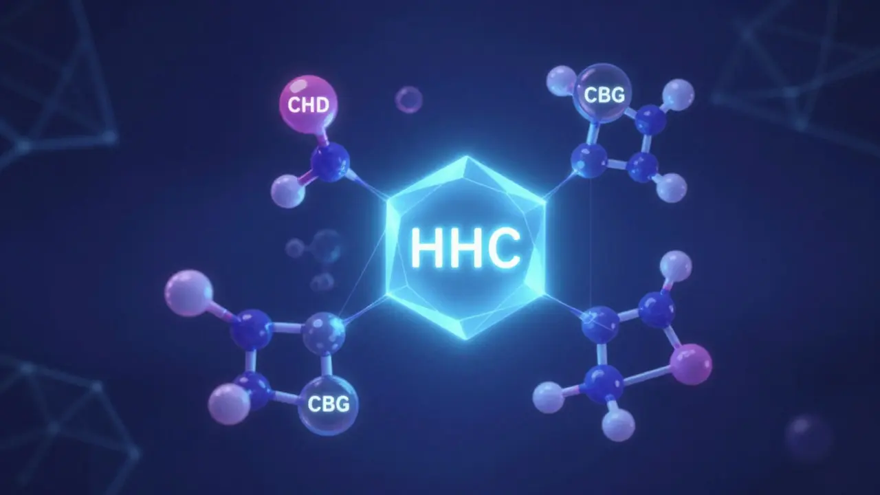 Abstrakte Darstellung des Entourage-Effekts mit leuchtenden Cannabinoid-Molekülen