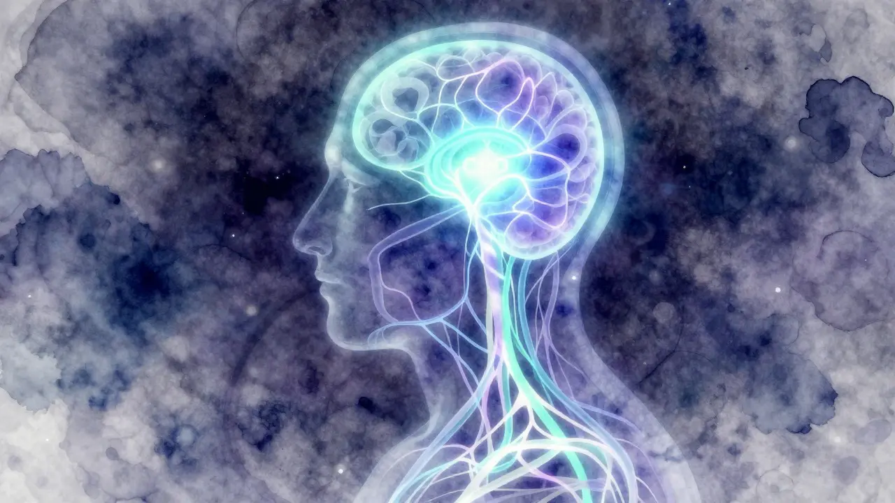 Abstrakte Illustration des Endocannabinoid-Systems als leuchtendes Netzwerk im Körper