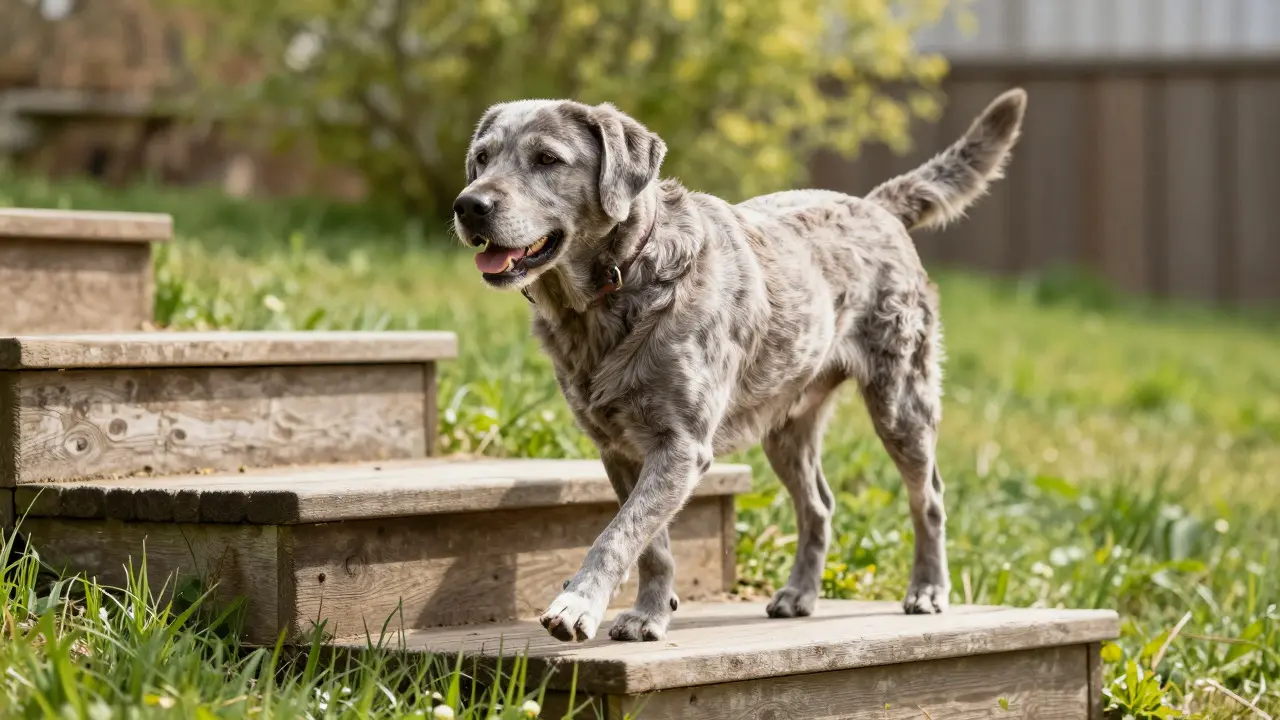 Älterer Hund läuft energisch die Treppe hinauf