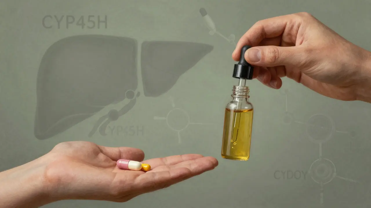 Artistic balance scale comparing medication capsules and CBD oil drops
