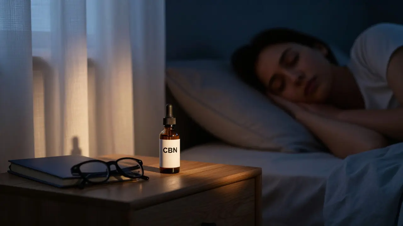 Beruhigende Nachtszene mit CBN-Öl auf dem Nachttisch für besseren Schlaf