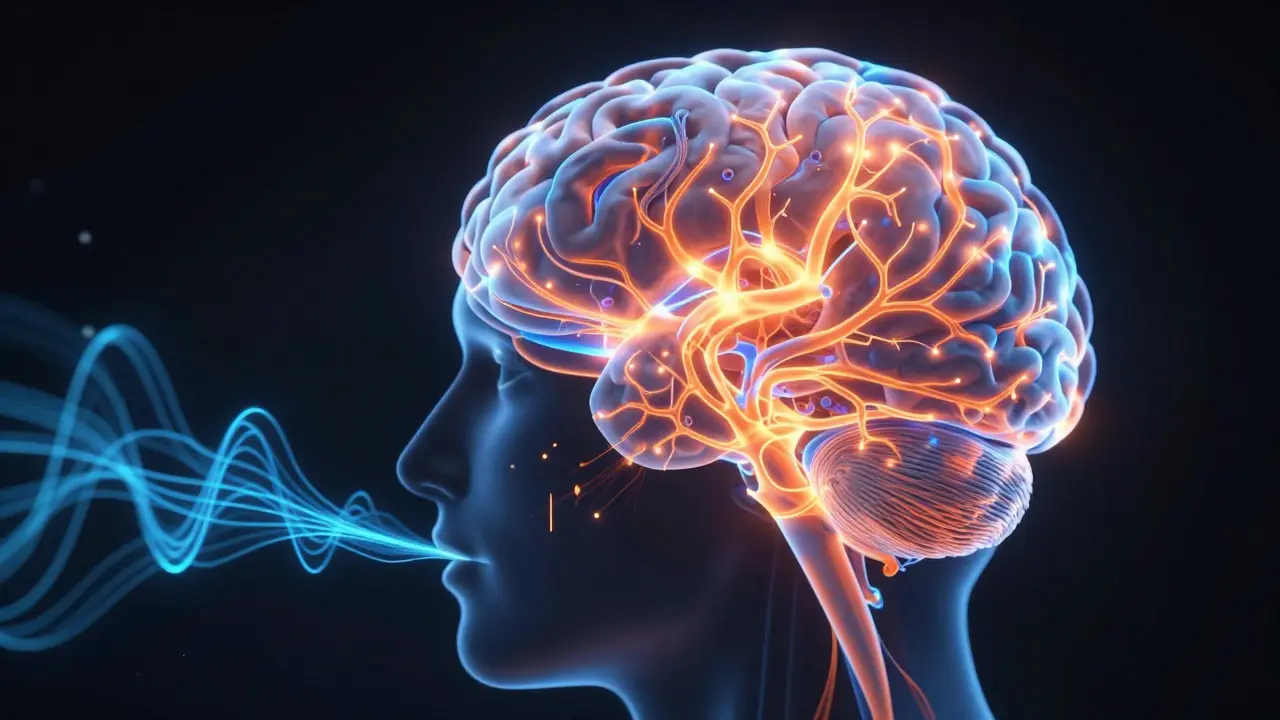 Conceptual art of a glowing brain showing active neural pathways related to taste
