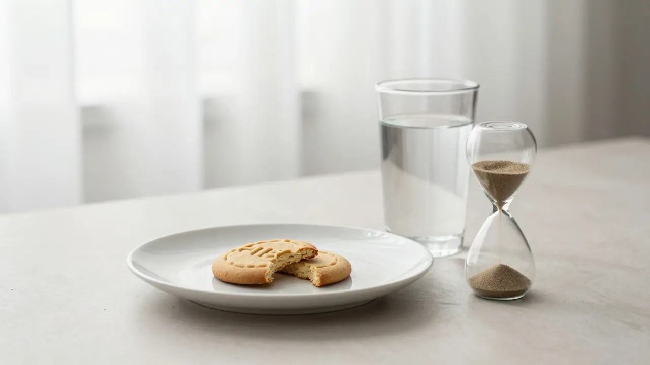 Ein HHC-Cookie und ein Glas Wasser neben einer Sanduhr für Geduld
