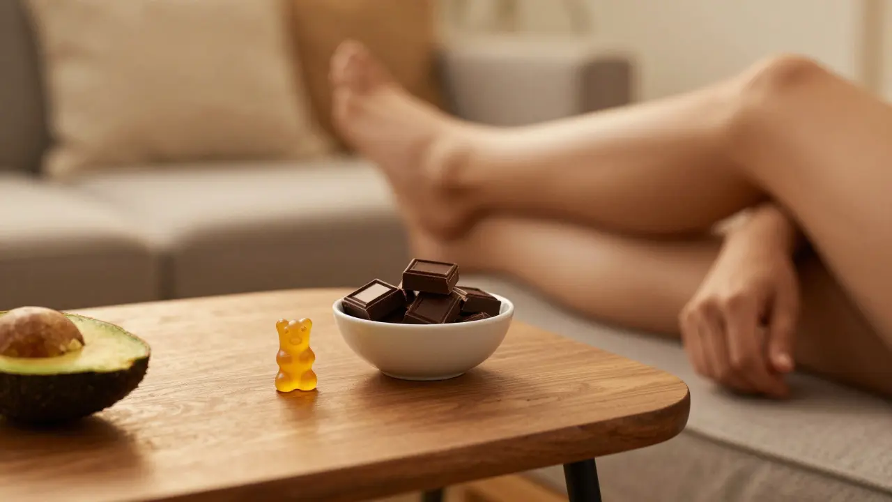 Entspannte Person mit CBD-Bonbon, Schokolade und Avocado zur besseren Aufnahme
