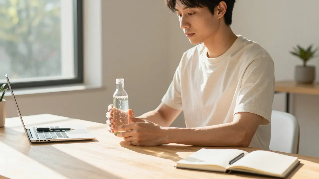 Focused person drinking a clear CBD beverage at a sunny, minimalist desk