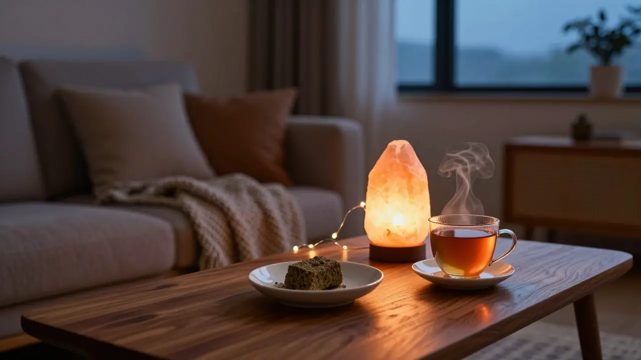 Gemütliches Wohnzimmer bei Dämmerung mit Tee und Hashisch auf dem Tisch