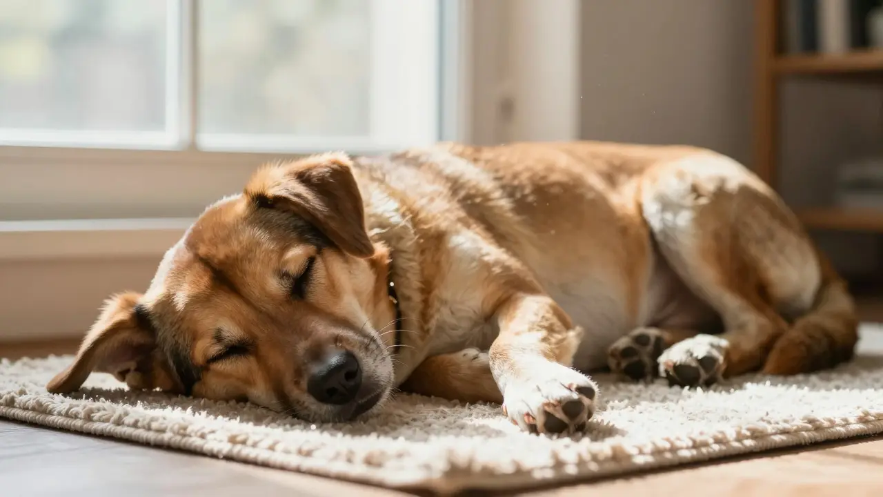 Hund schläft tief und fest im Sonnenlicht