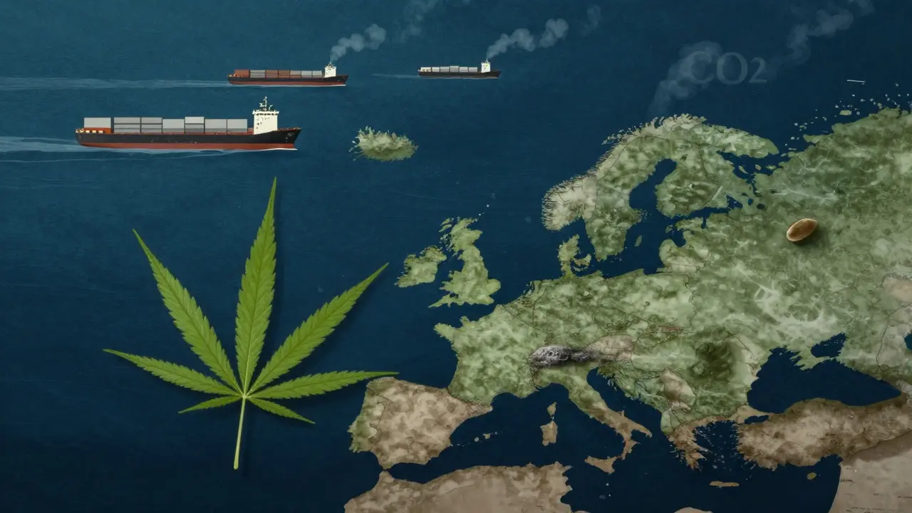 Konzeptionelle Illustration eines Frachtschiffs vor Europa, das den Transport von Hanf symbolisiert