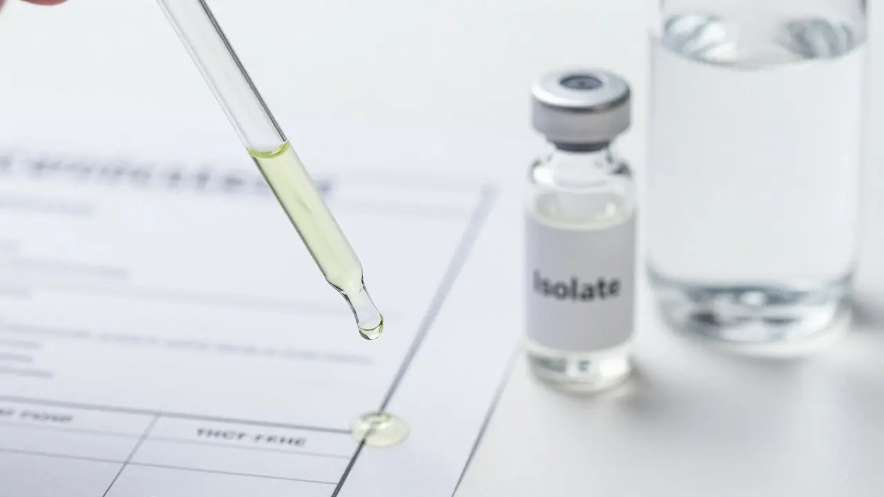 Labortropfen und Zertifikat symbolisieren reine CBD-Qualität ohne THC