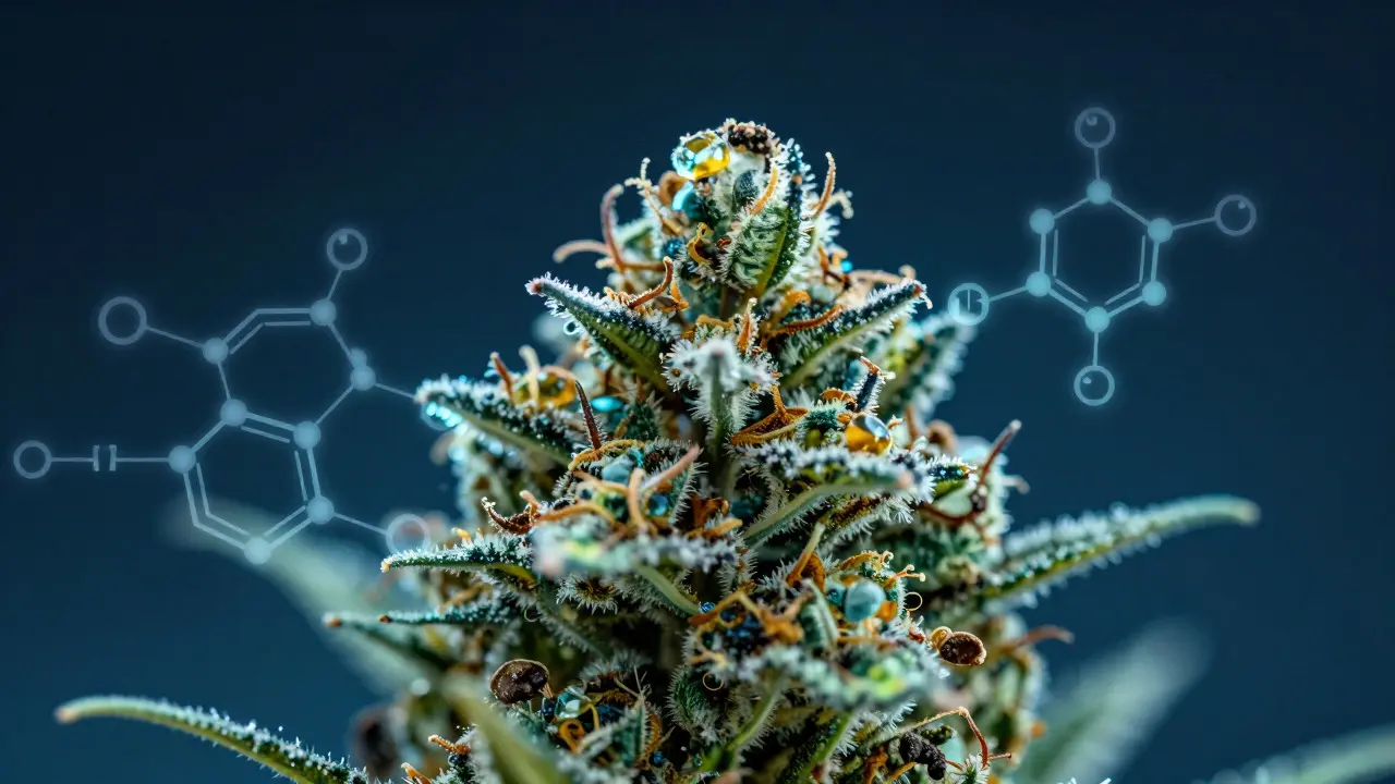 Macro view of hemp bud with abstract H4CBD molecular structures overlaid