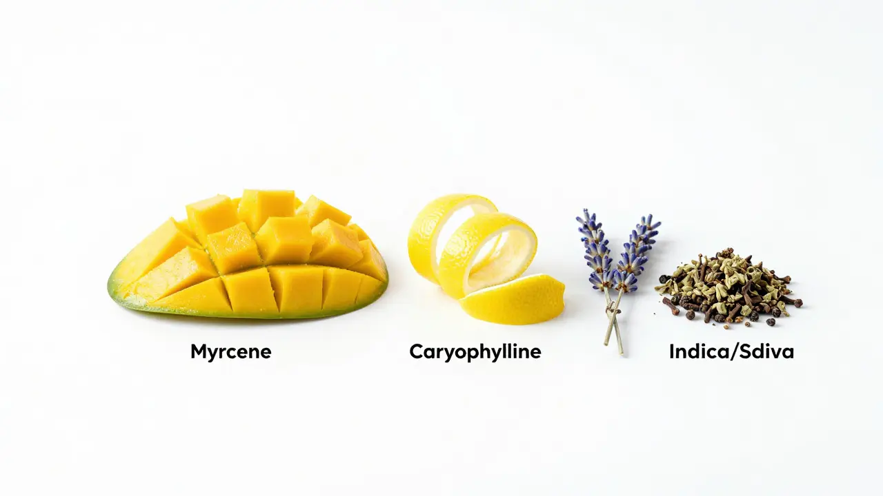 Mango, lemon, lavender, and hemp flowers illustrating terpene profiles