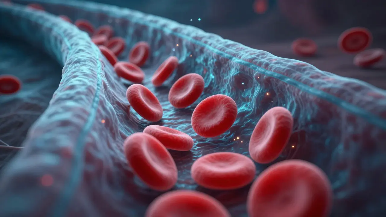 Microscopic view of a blood vessel widening to allow free blood flow