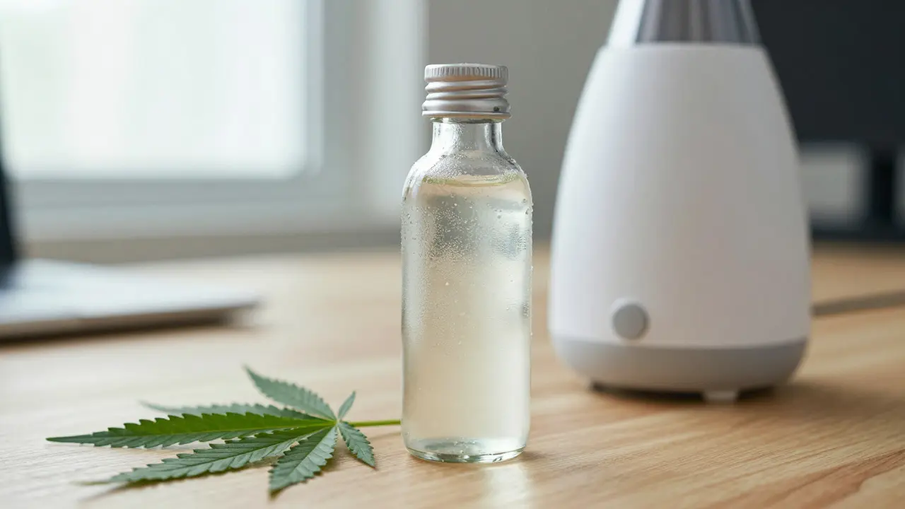 Nahaufnahme eines Cannabis-Energy-Drinks mit Vaporizer