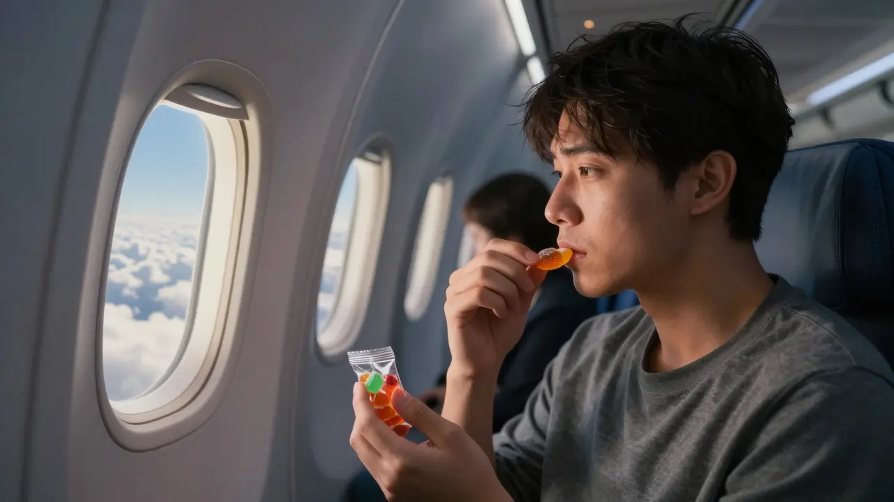Passenger holding a packet of gummies inside an airplane cabin near the window