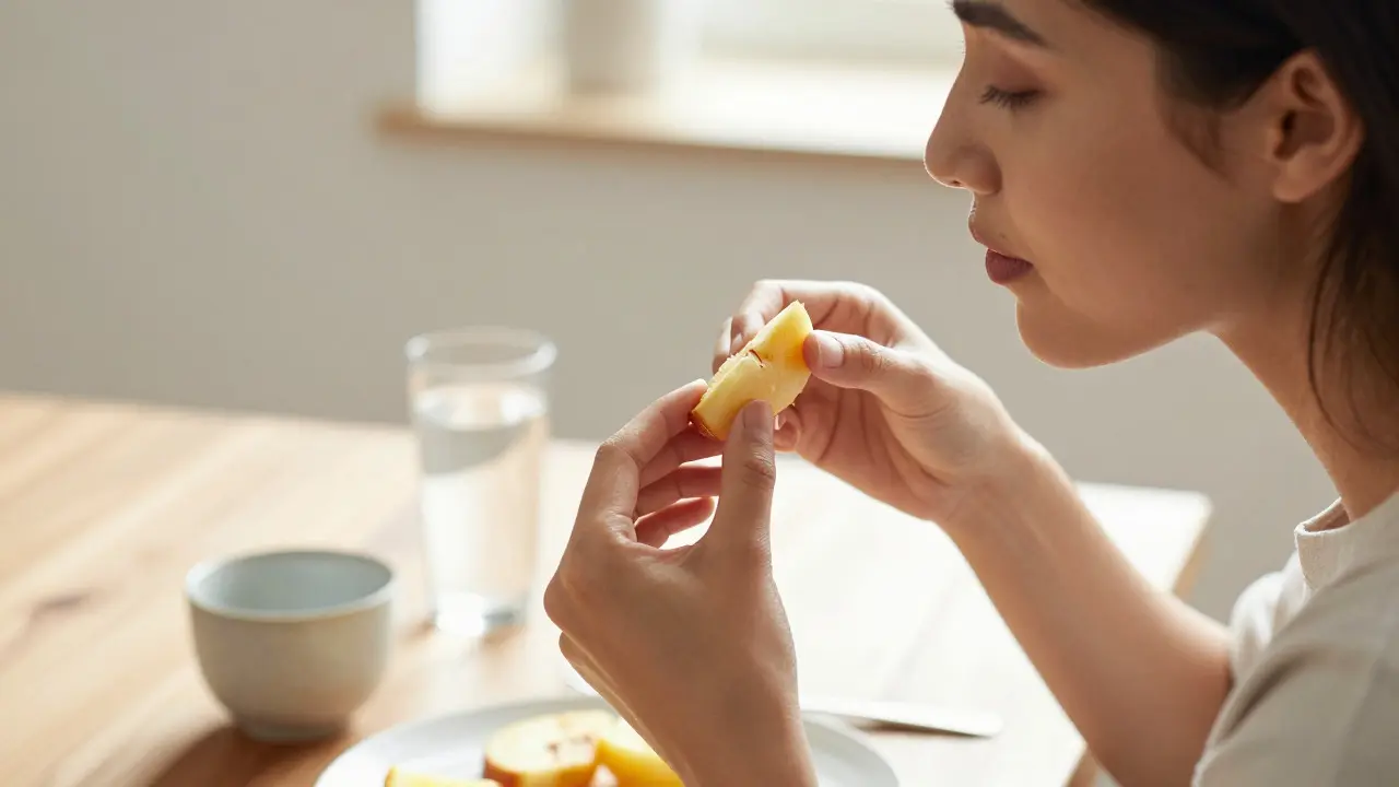 Person enjoying a snack mindfully at a table with natural light and water nearby