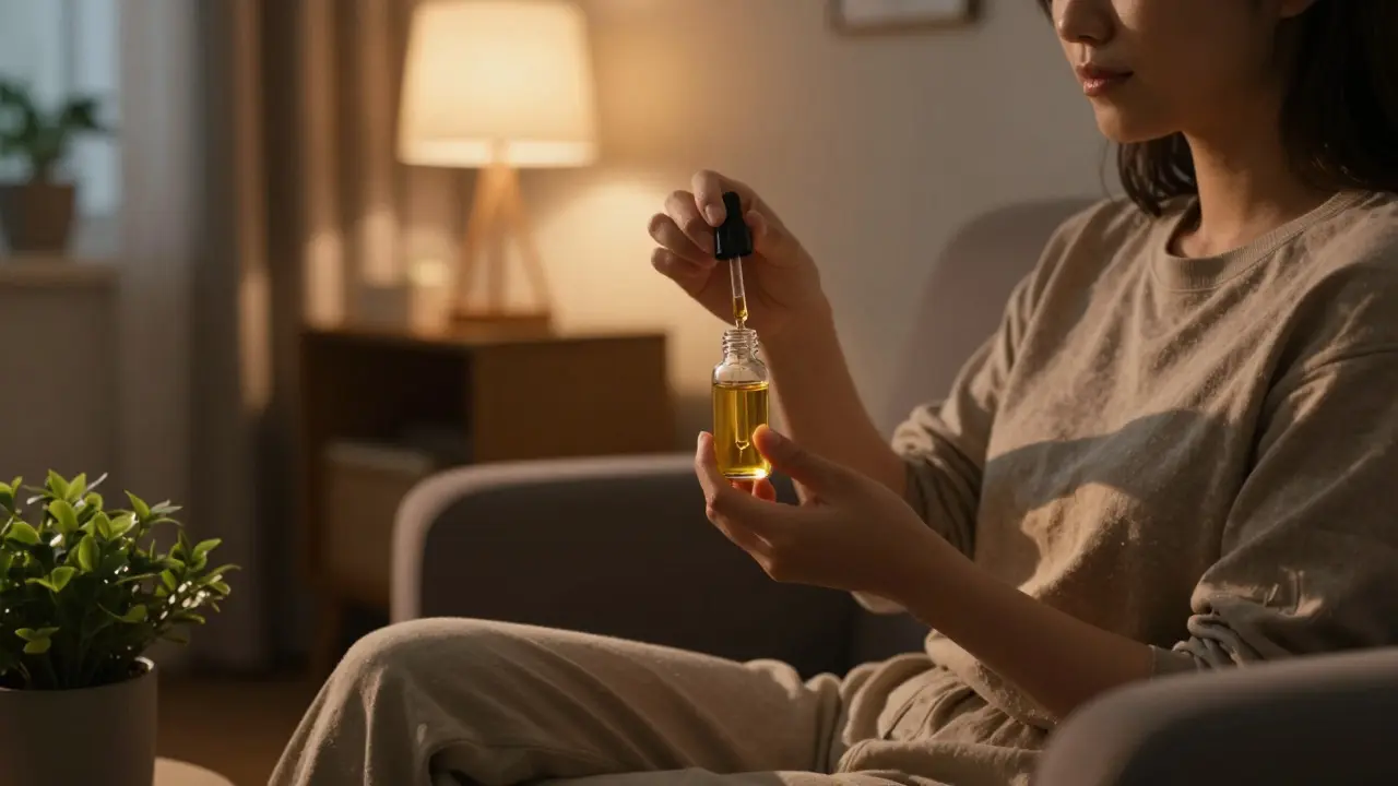 Person entspannt sich abends auf dem Sofa und hält eine Ölflasche für Cannabinoide