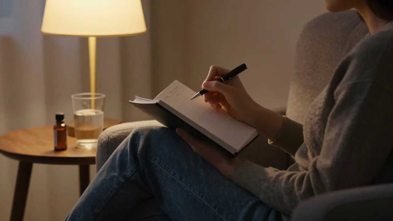 Person schreibt entspannt im Journal bei warmem Abendlicht