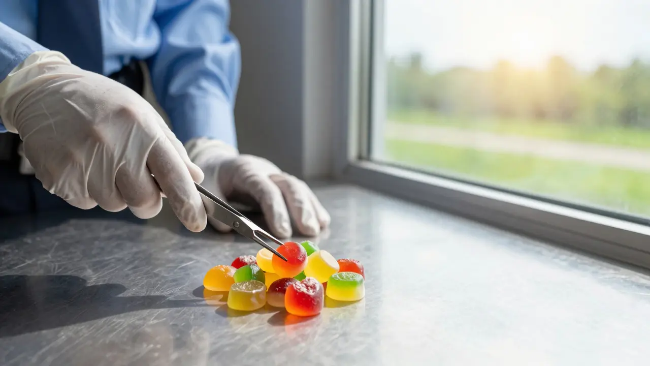 Split image showing confiscated gummies at customs and a scenic legal destination